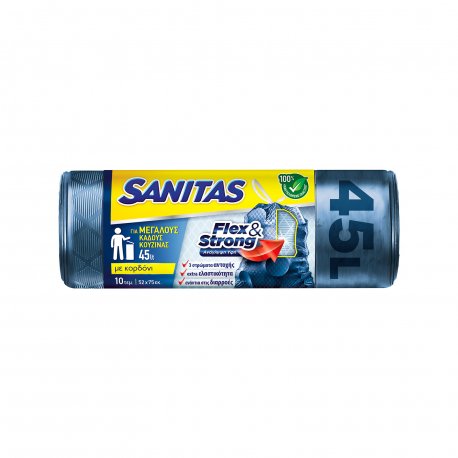 Sanitas μεγάλες σακούλες απορριμμάτων με κορδόνι flex & strong / 45lt για μεγάλους κάδους κουζίνας (10τεμ.)